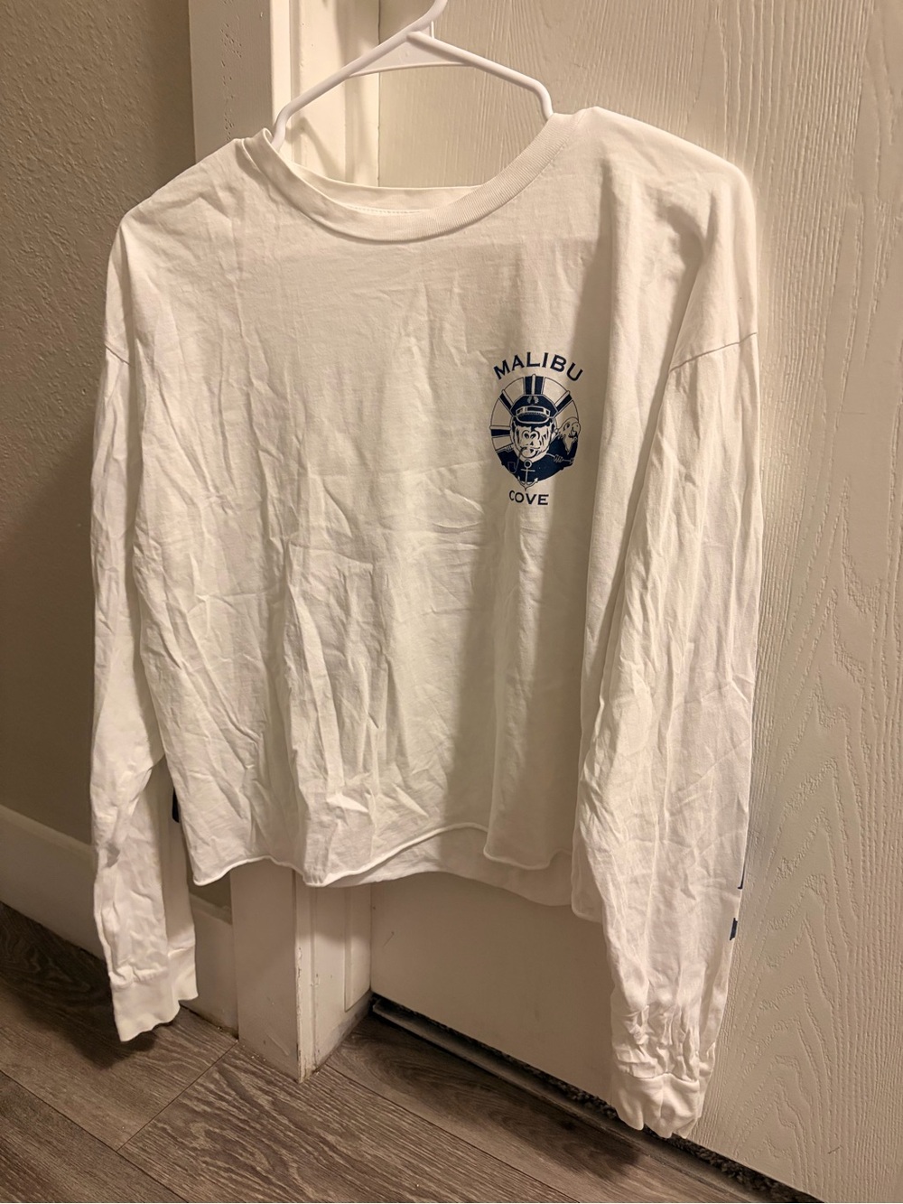 Brandy Melville White Long-Sleeve Tee with Navy Malibu Cove Graphic